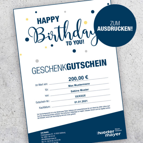 Geschenkgutscheinvorlage mit Wohnzimmersymbolen und anpassbaren Textfeldern, angezeigt auf einer strukturierten Oberfläche.