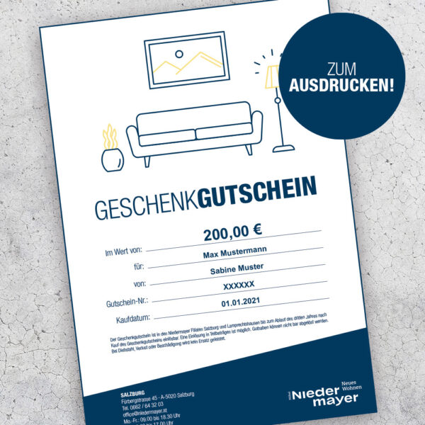 Geschenkgutscheinvorlage mit Wohnzimmersymbolen und anpassbaren Textfeldern, angezeigt auf einer strukturierten Oberfläche.