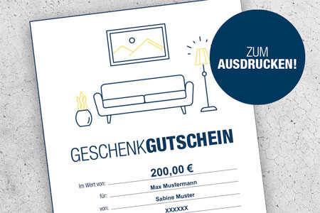 Illustrierter Geschenkgutschein mit einem Sofa, einer Lampe und einem Wandbild mit Text über einen Betrag von 200,00 €.