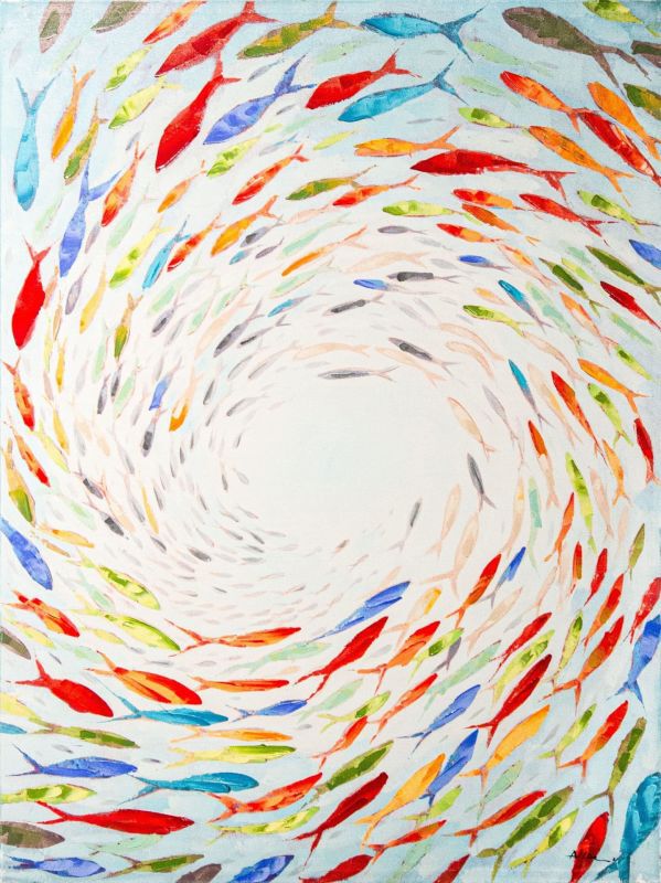 Ölbild Bunter Fischschwarm Strudel 90x120cm