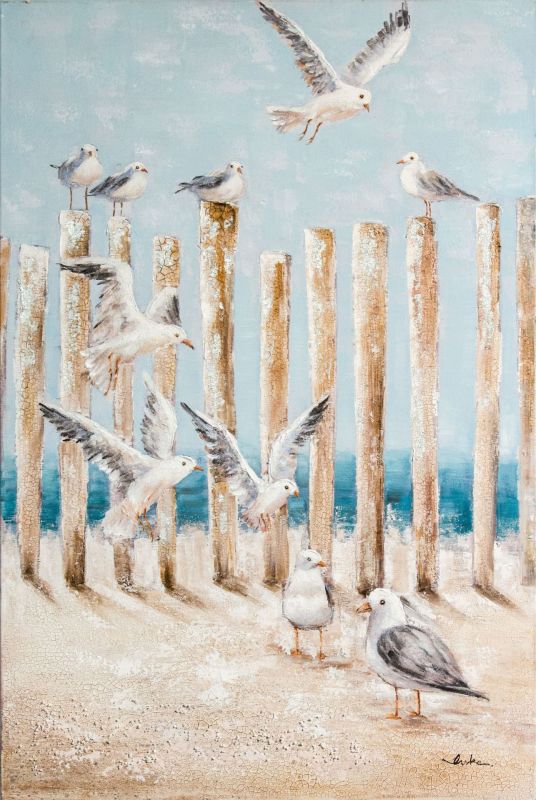 Ölbild Möwen auf Pfeiler am Strand 80x120cm